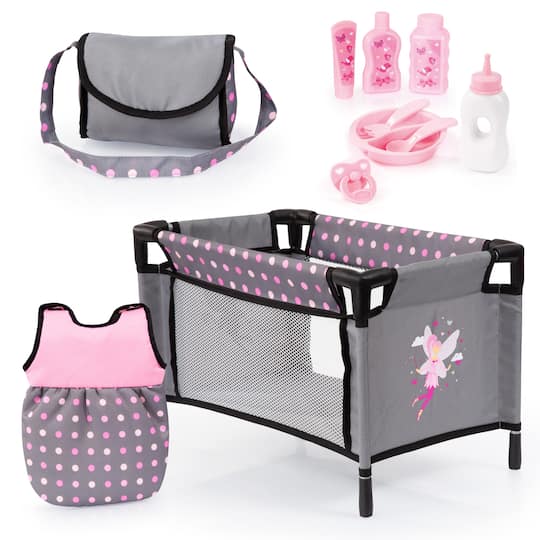 Bayer Design Black &#x26; Pink Dots Baby Doll Travel Bed &#x26; Accessories Set